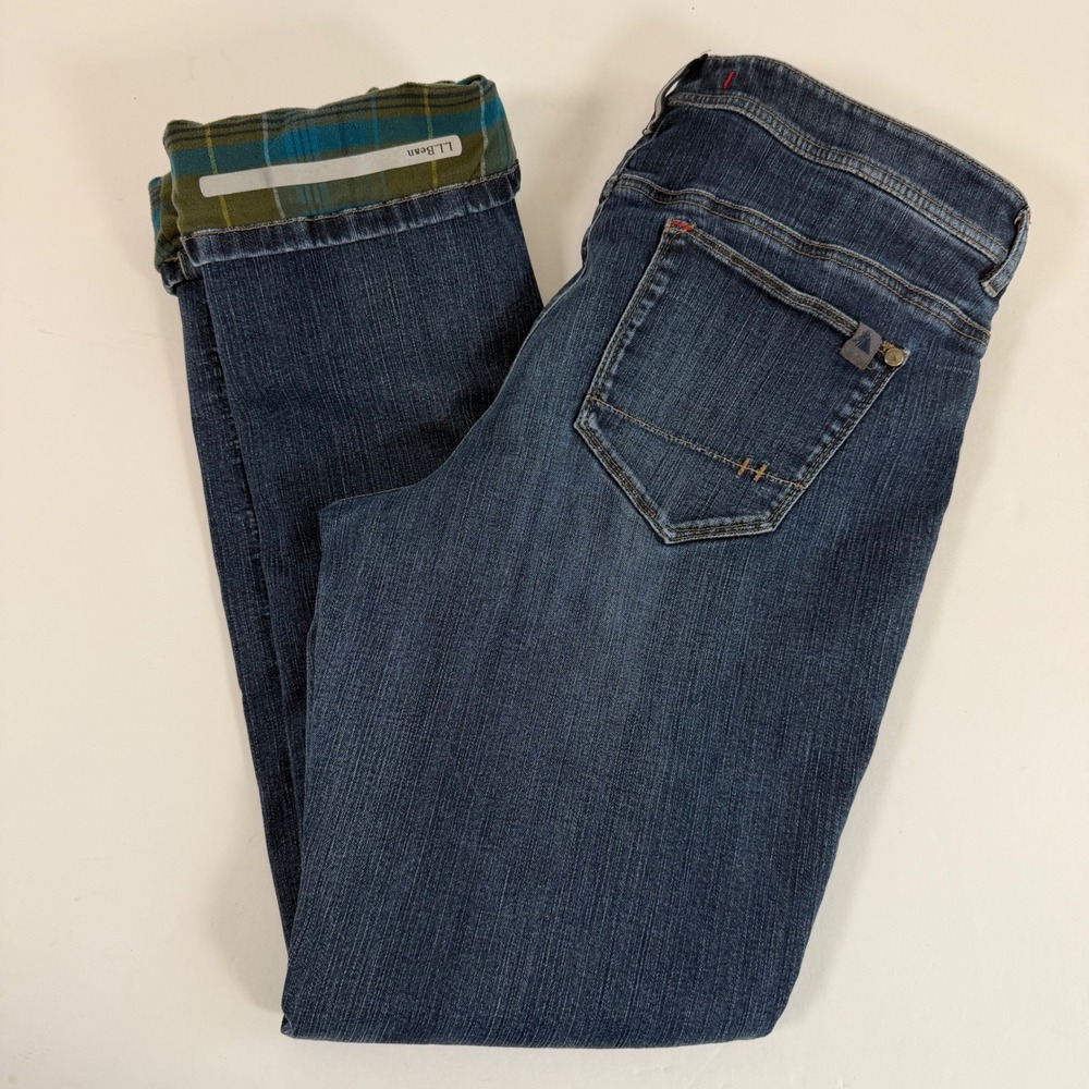 L.L.Bean Flannel Lined Jeans 12 Straight Leg Blue Denim Plaid Cuff Stretch‎